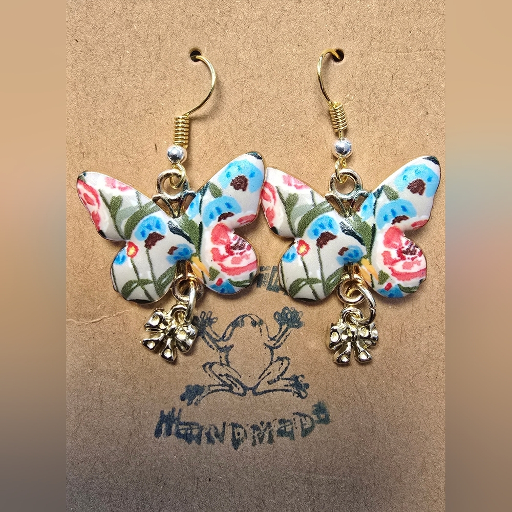 Hand Crafted Floral Butterfly Earrings with Gold Accents